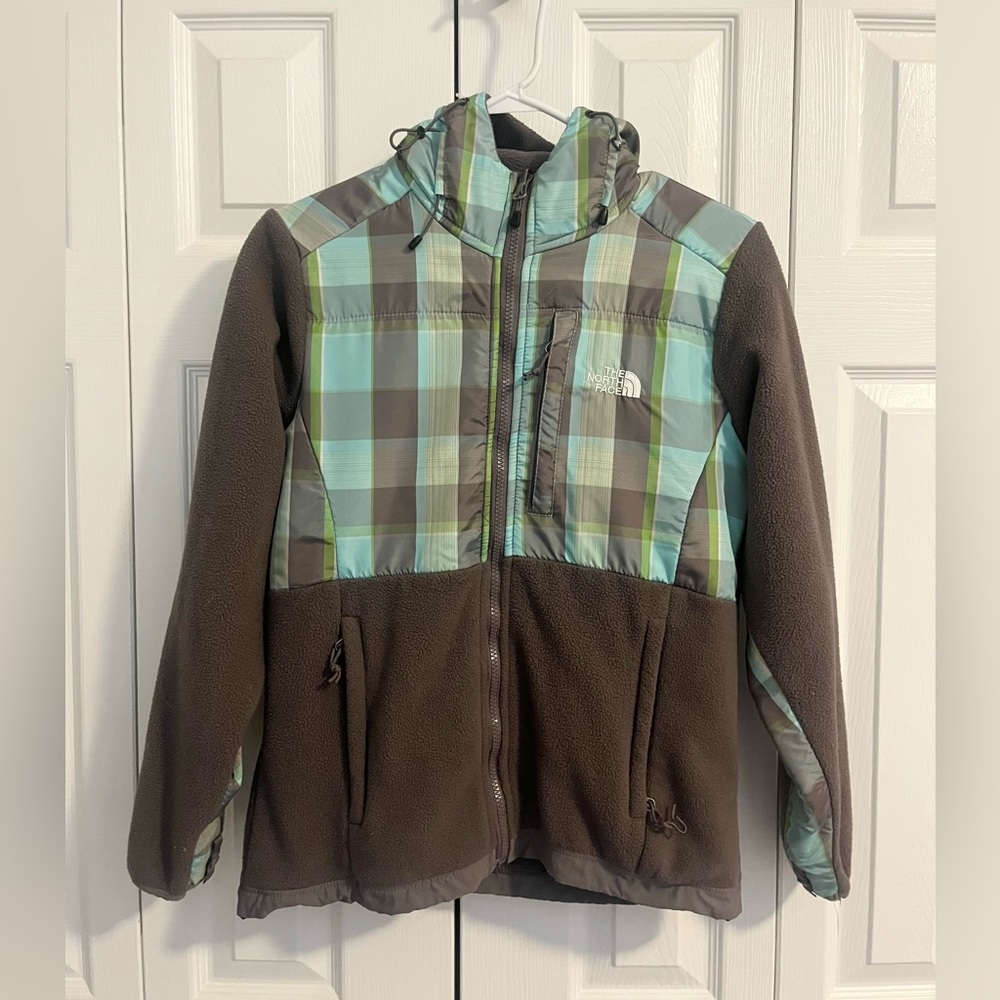 The North Face Women's Denali Fleece Jacket- Teal Gray Plaid Blue